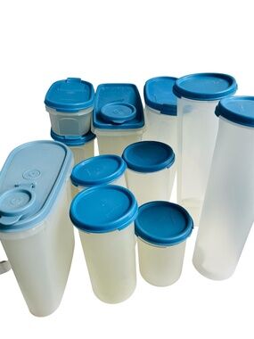 11 Tupperware Storage Containers With Blue Lids Assorted Sizes